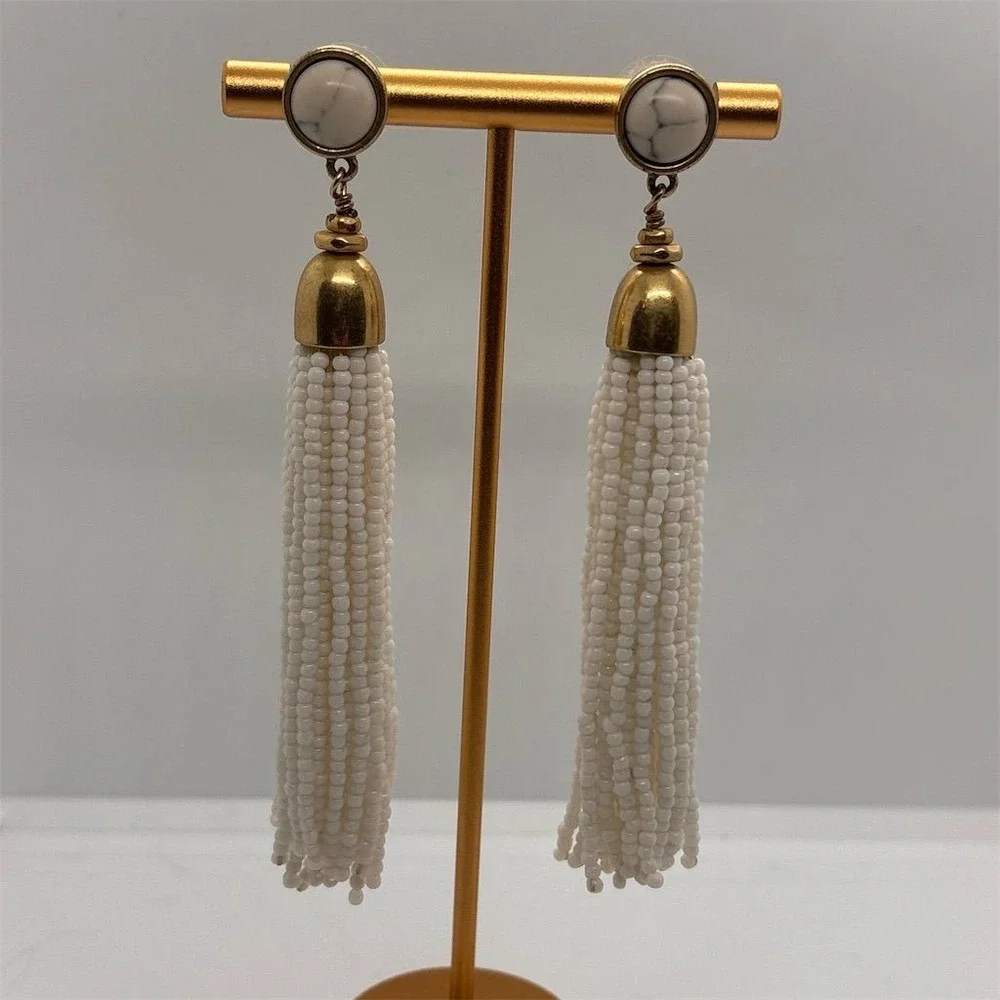 Stella & Dot Gita Tassel Earrings White Beaded‎ Gold-Tone Casual